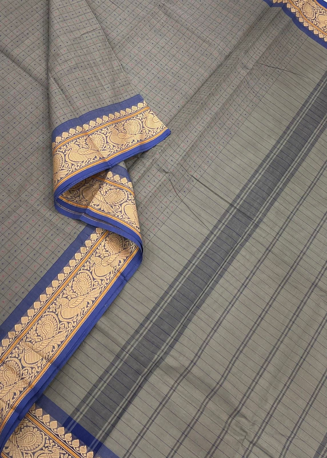 Kanchi soft cotton |thread mayil border | grey x blue