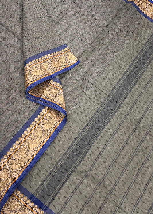 Kanchi soft cotton |thread mayil border | grey x blue