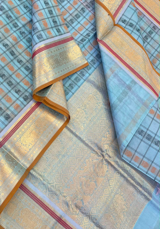 Kanchi Silk Cotton Sarees | 1000 butta  X rich zari pallu X 4 motif | pastel blue X mustard