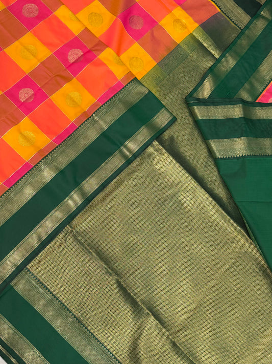Vegan Silk Sarees Online | Palum Pazhamum kattam X rettaipet border | pink X orange X manjal