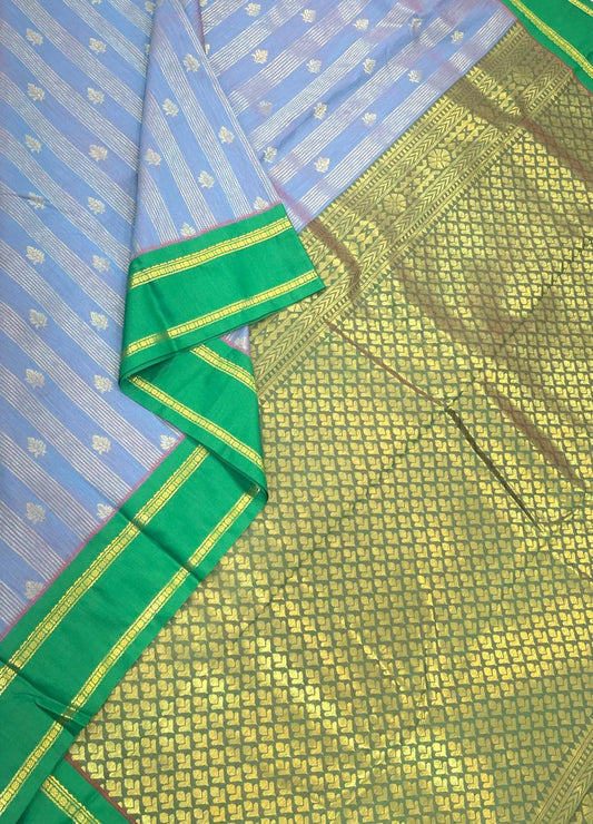 Semi Silk soft Cotton Sarees | korvai border | pastel blue x green | rettaipet zari border