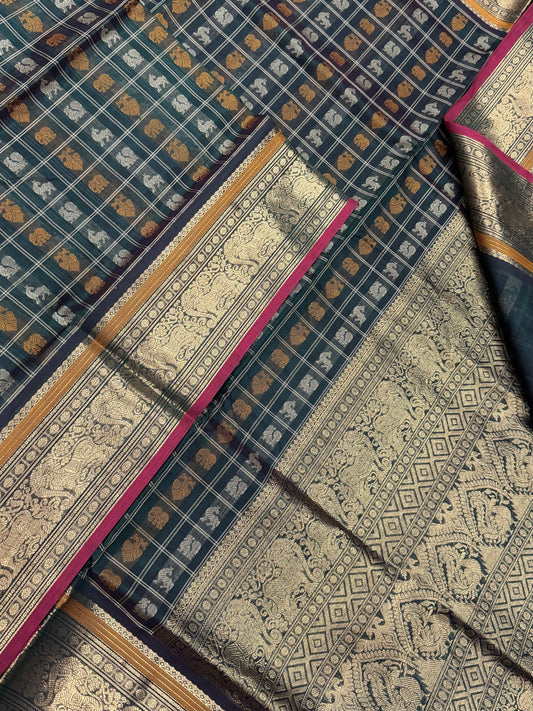 Kanchi Silk Cotton Sarees | 1000 butta x zari border x pallu|  bottle green X pink x mustard |NKV31