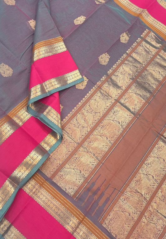 Pure Handloom Kanchi rich Cotton Saree | rettaipet Zari border X eruthalapakshi motif |pastel twotone x hot pink
