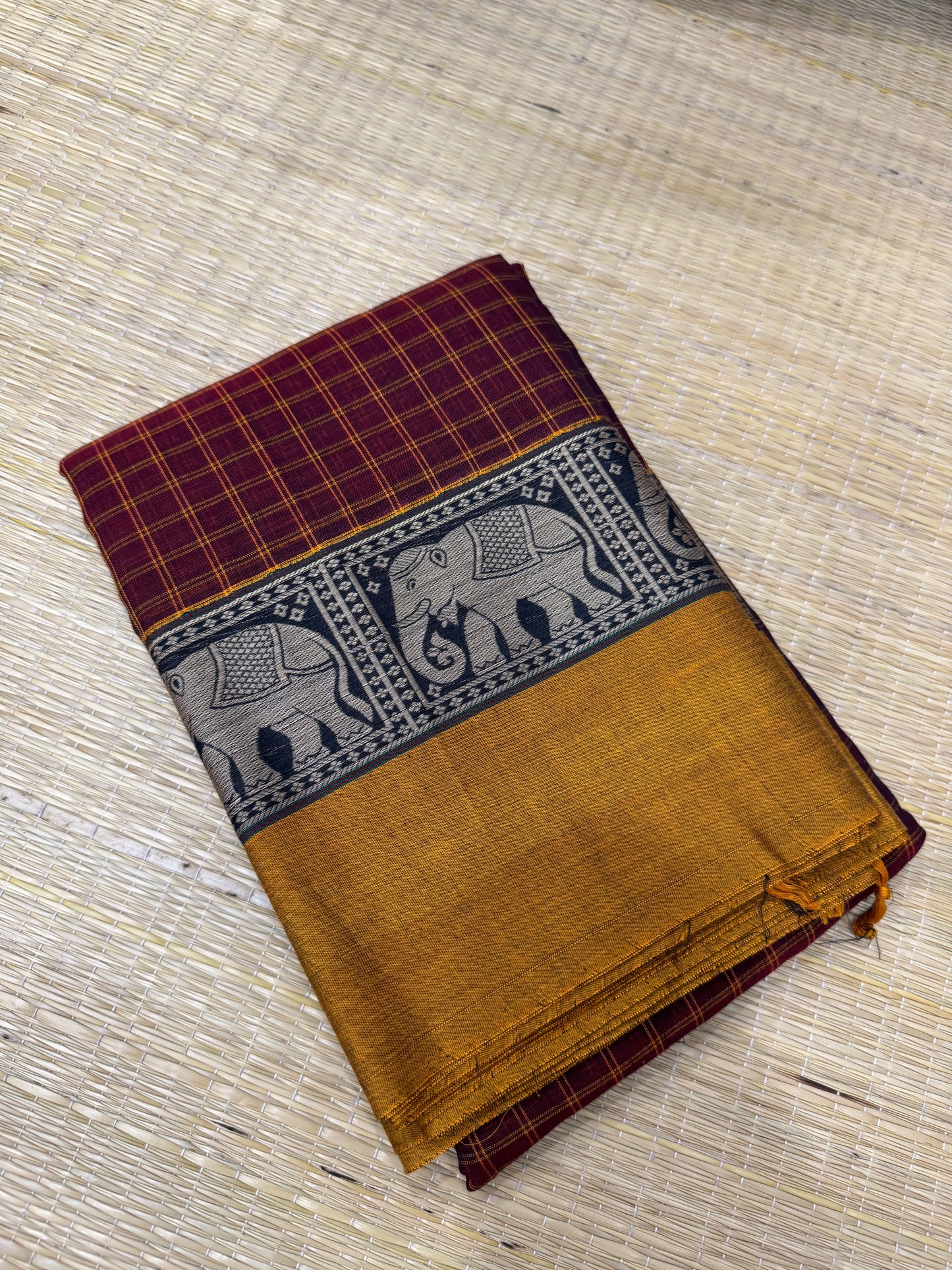 Narayanpet soft cottons | kattam x Yaanai thread border | marron X Manjal