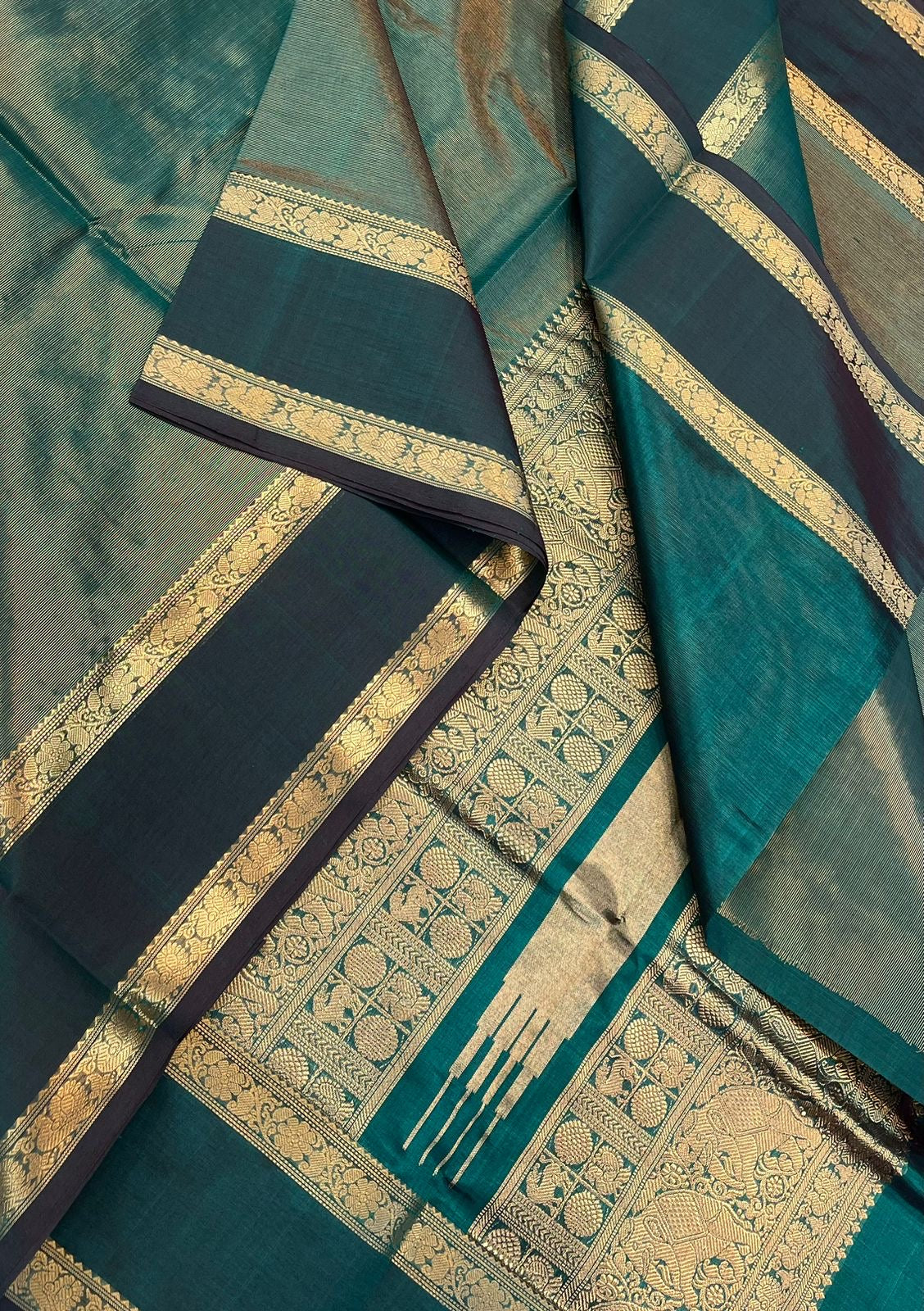 Kanchi Tissue Silk Cotton Sarees | cyan green X GOLD |  rettaipet Zari border  x gold VAIRAOOSI | NKV100