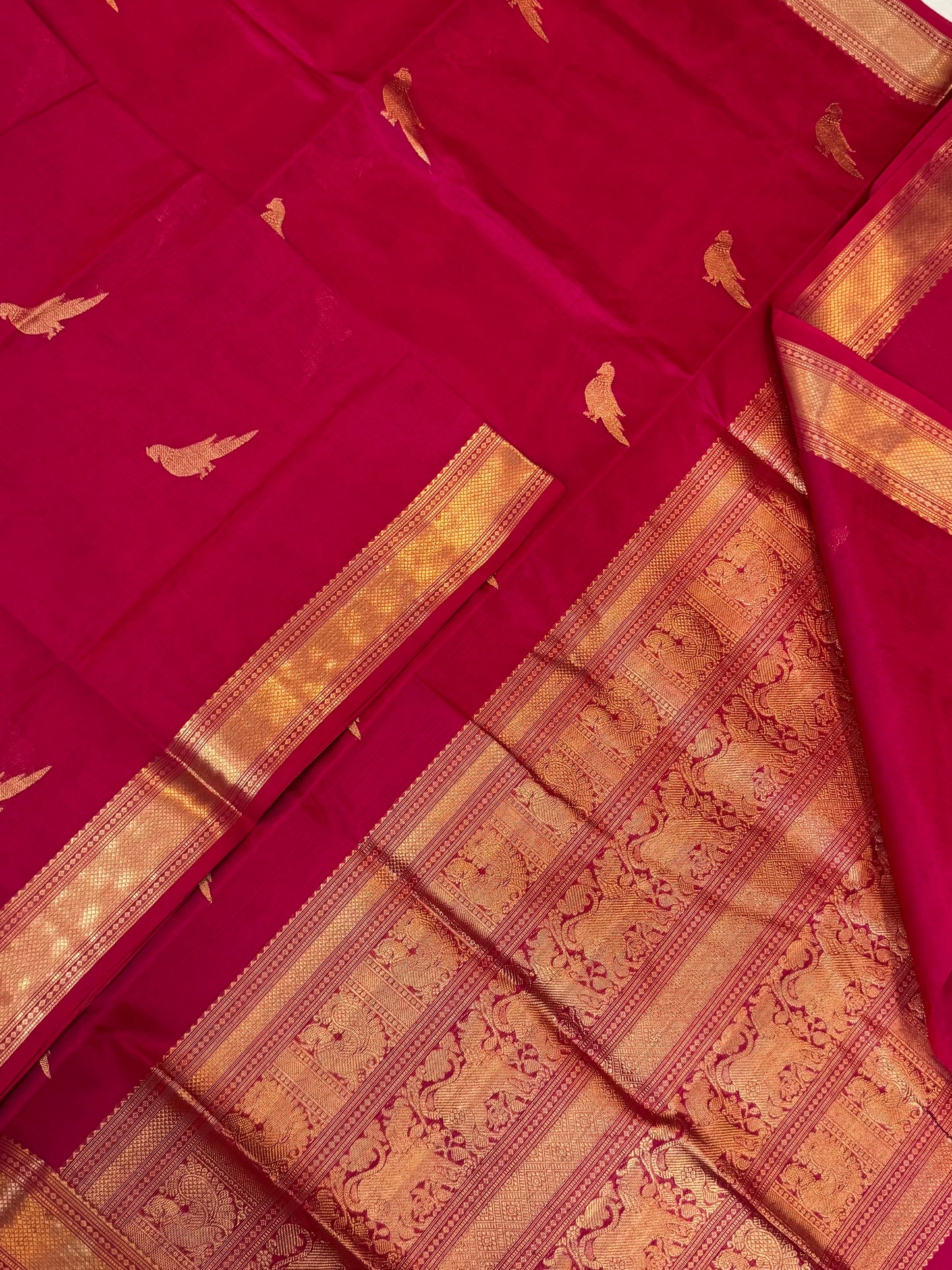 Kanchi Silk Cotton Sarees | killi motifs | pink X gold