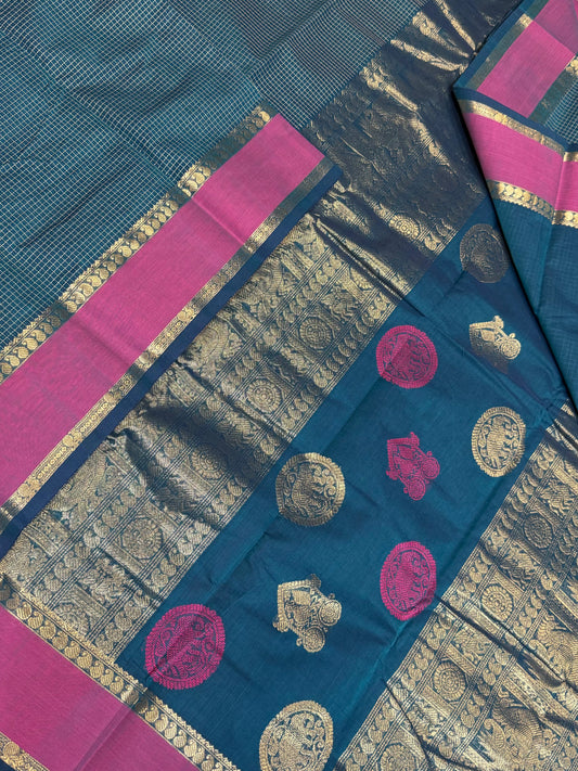 Pure Handloom Kanchi rich Cotton Saree | rich rettaipet border x teal blue kattam | blue x pink