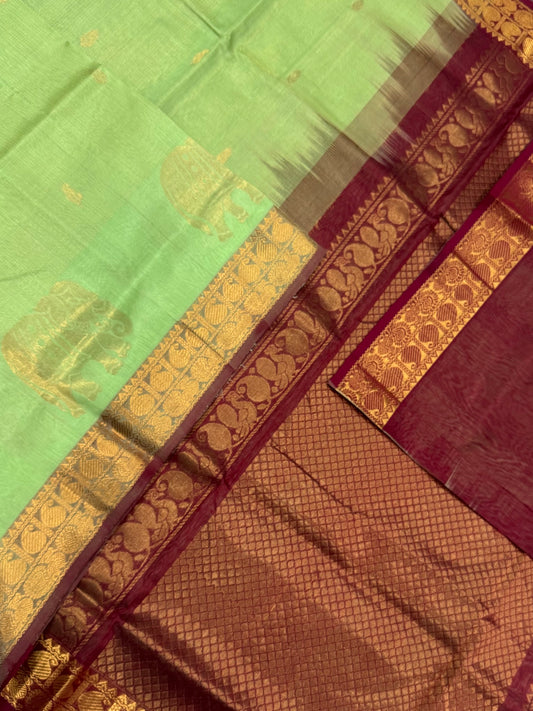 Korvai Kanchi Silk Cotton Sarees | pistachio green x marron | yaanai X small border | NKV31