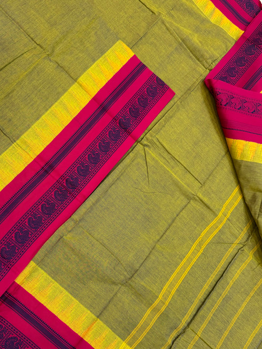Pure Handloom Kanchi rich Cotton Saree | green X pink  | thread Korvai  border