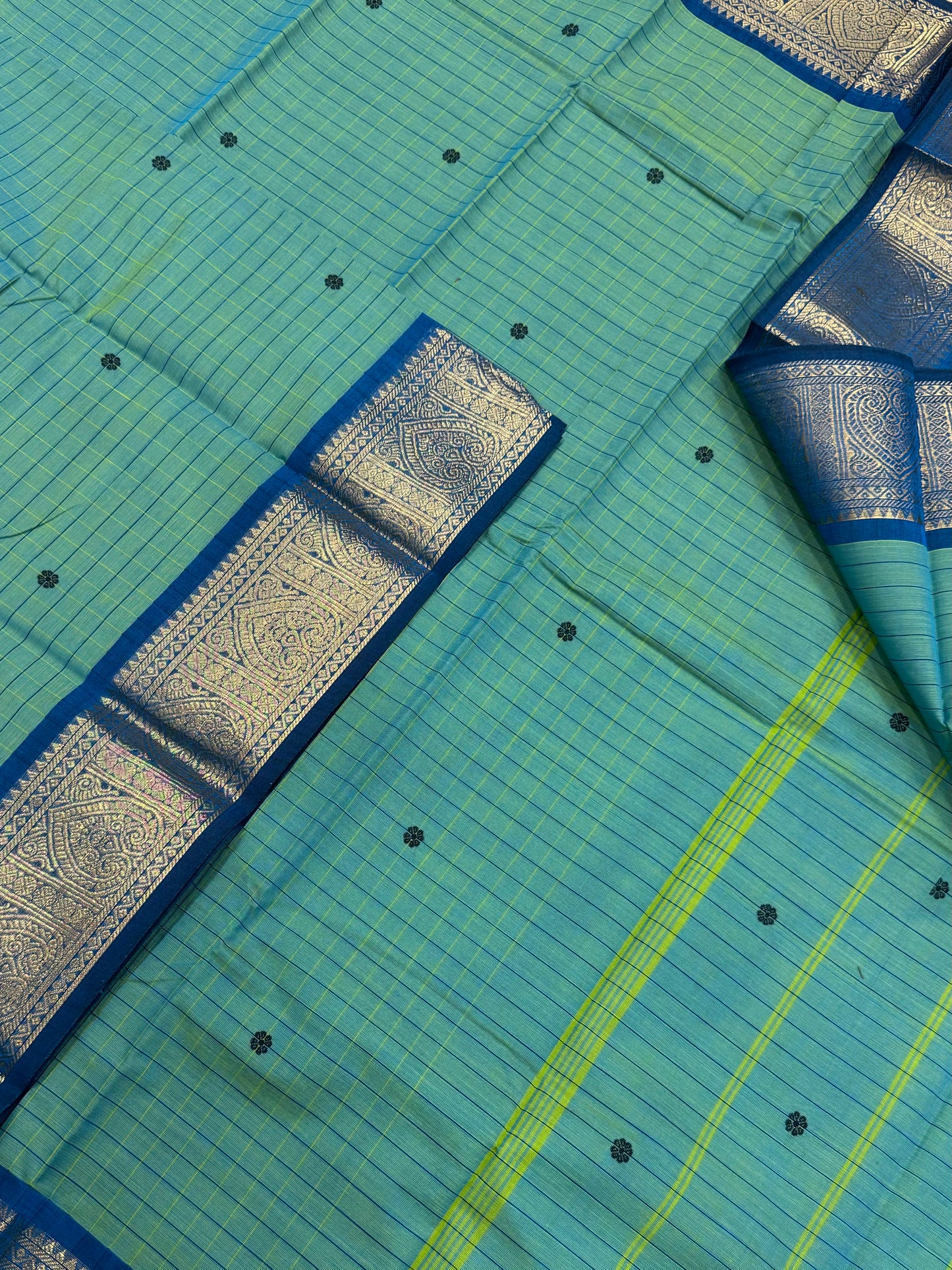 Kanchi soft cotton | teal blue X blue |rich Zari border X kattam (Copy)