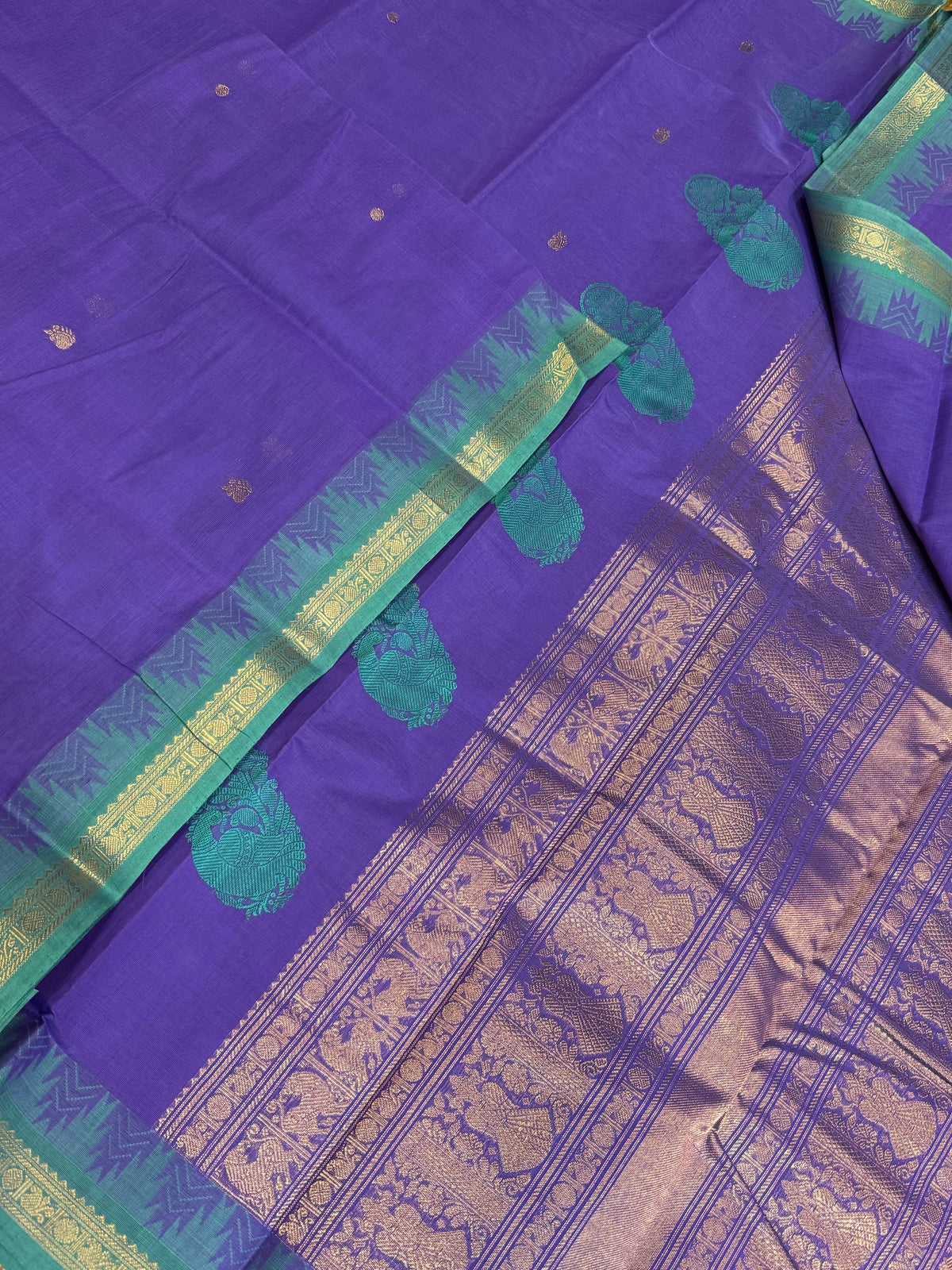 Pure Handloom Kanchi rich Cotton Saree | tiny border | violet x teal