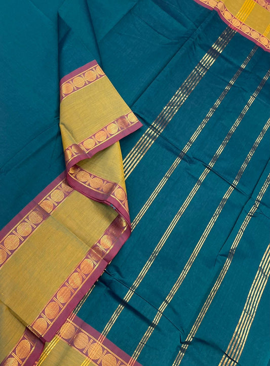 Kanchi mercerised soft cotton |rich zari rudhraksham border | blue x green | MC10