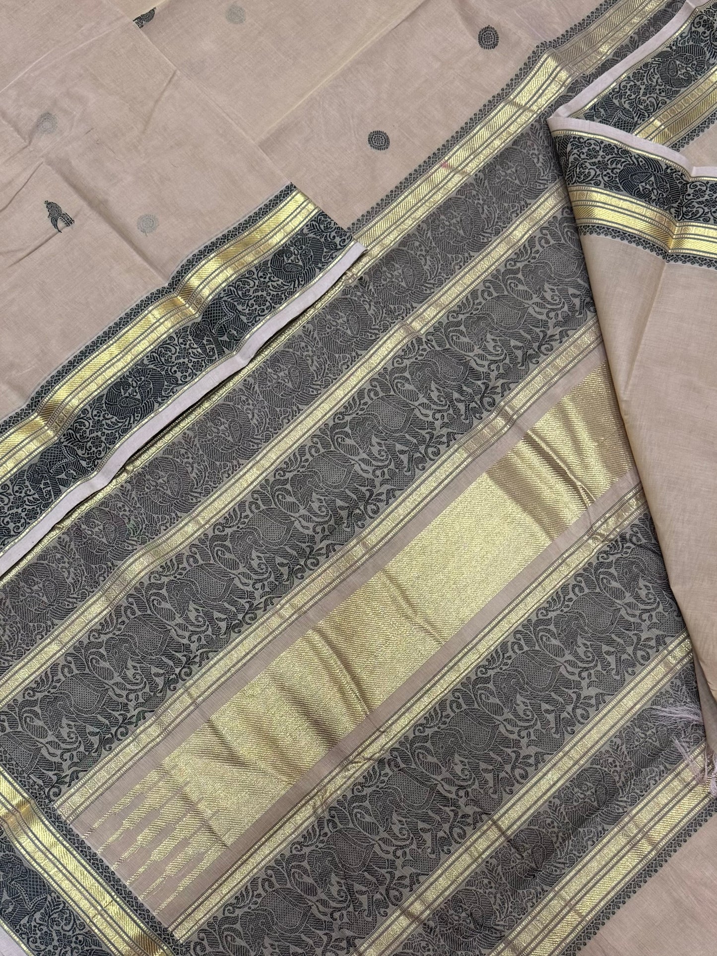 Pure Handloom Kanchi rich Cotton Saree | pastel peach | peacock butta X thread rich pallu
