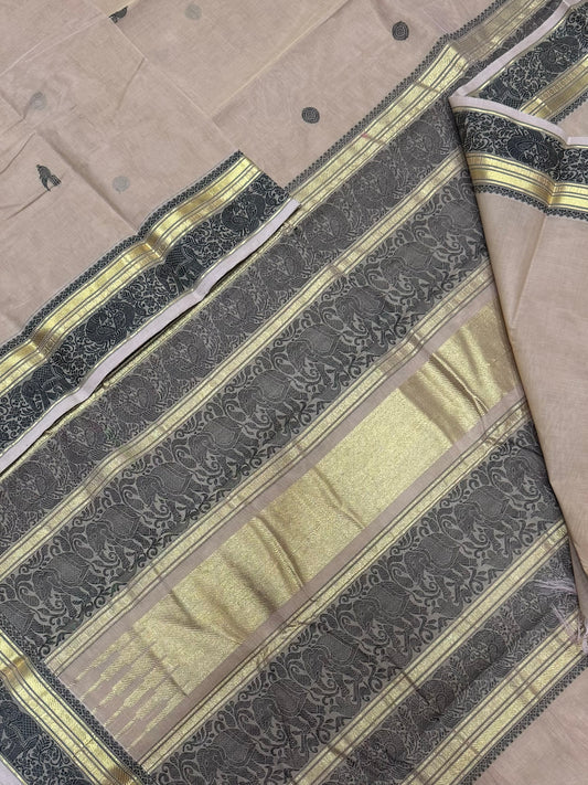 Pure Handloom Kanchi rich Cotton Saree | pastel peach | peacock butta X thread rich pallu