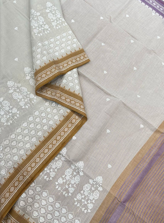 Kadhi soft Cotton | cream x brown | floral embroidery thread border