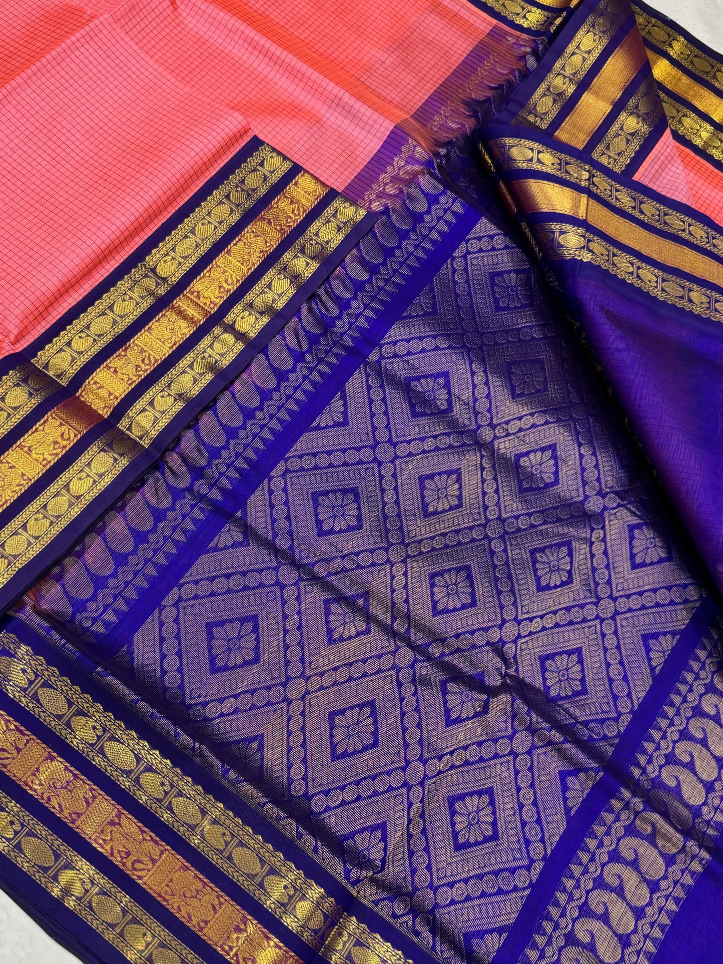 Kanchi Silk Cotton Sarees | classic Korvai border silk cotton |  podi kattam | pink X royal blue