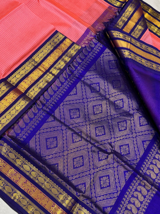 Kanchi Silk Cotton Sarees | classic Korvai border silk cotton |  podi kattam | pink X royal blue