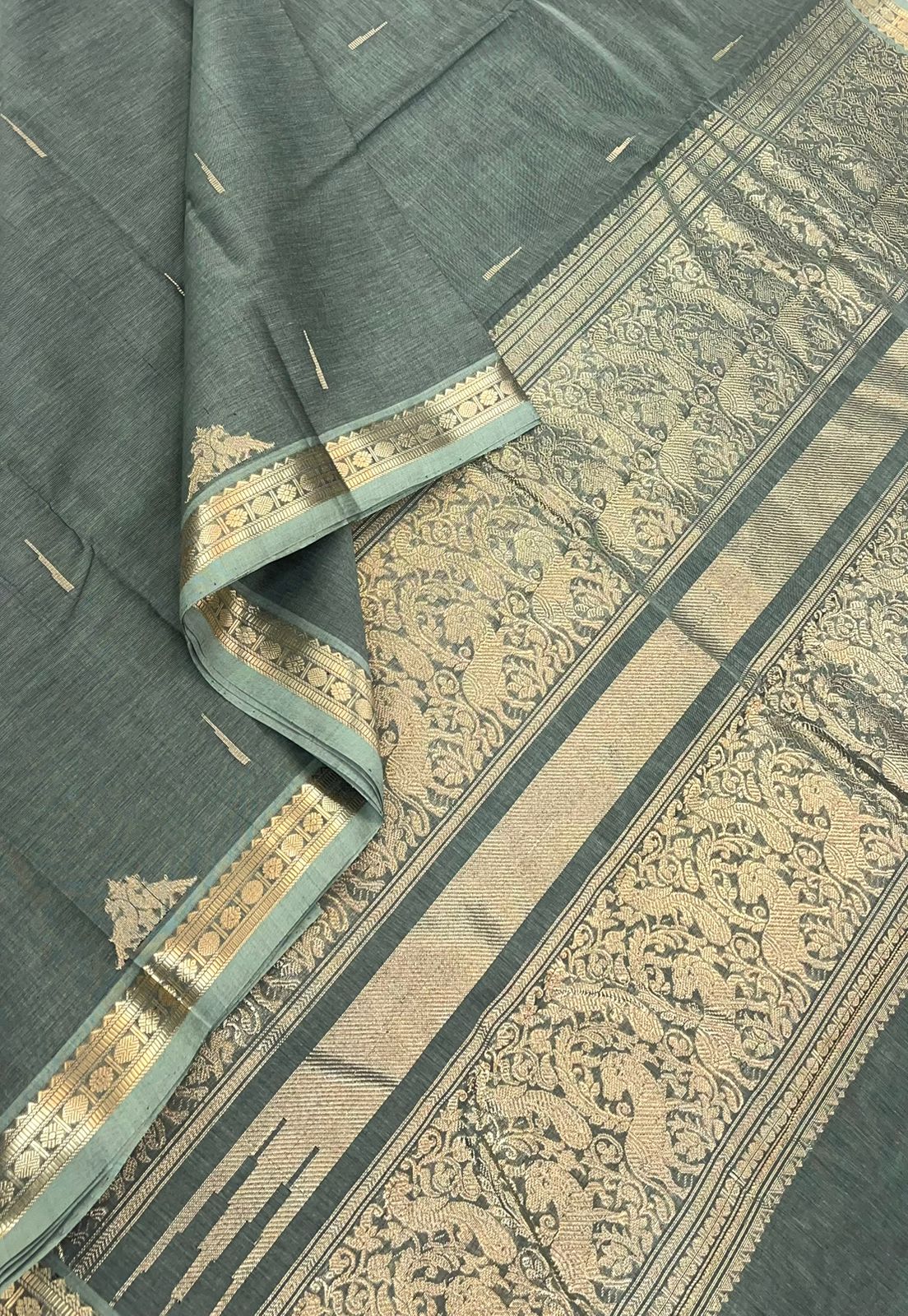 Kanchi handloom rich cotton | tiny zari border x rich zari Pallu | teal pastel