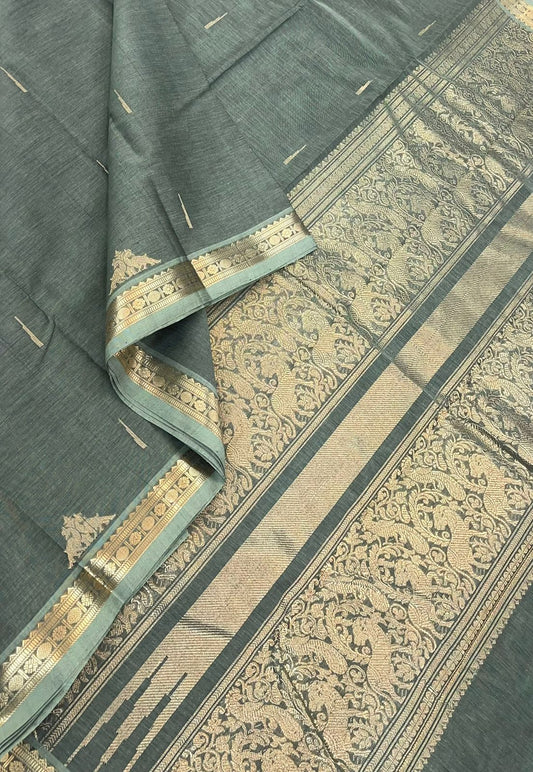 Kanchi handloom rich cotton | tiny zari border x rich zari Pallu | teal pastel
