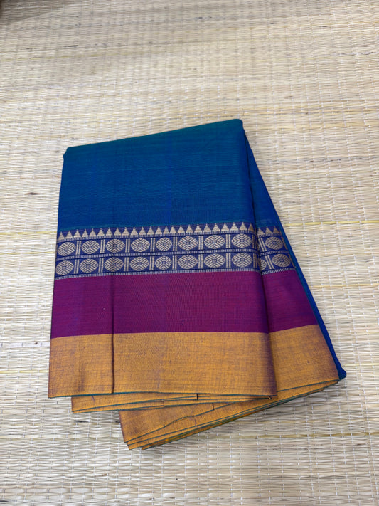 Narayanpet soft cottons |thread  border | blue X yellow X magenta