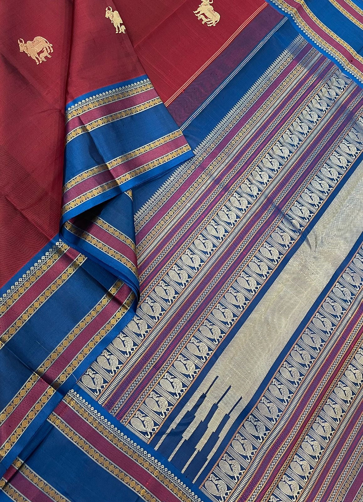 Pure Kanjivarams | zero zari | gomatha butta |red x blue | Handwoven luxury x 4 ply master weave | NKV35