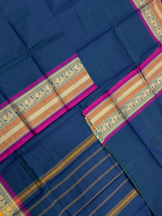 Kanchi soft cotton |thread woven x mayil border |  blue x pink