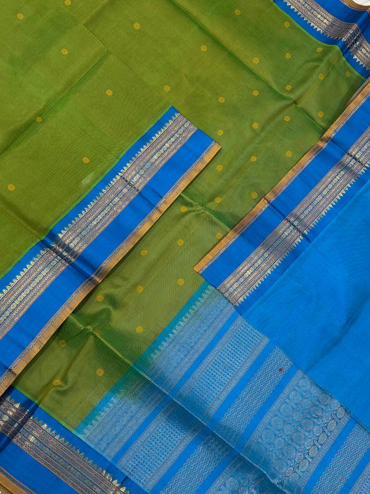 Korvai Kanchi Silk Cotton Sarees | green x blue | rettaipet border | NKV31