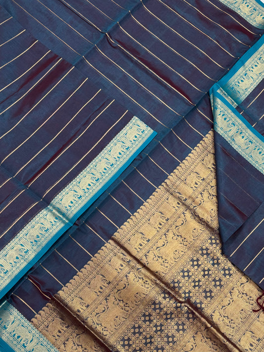 Kanchi Silk Cotton Sarees | luxury silk cotton | veldhari x Zari elephant small border| twotone blue X sky blue