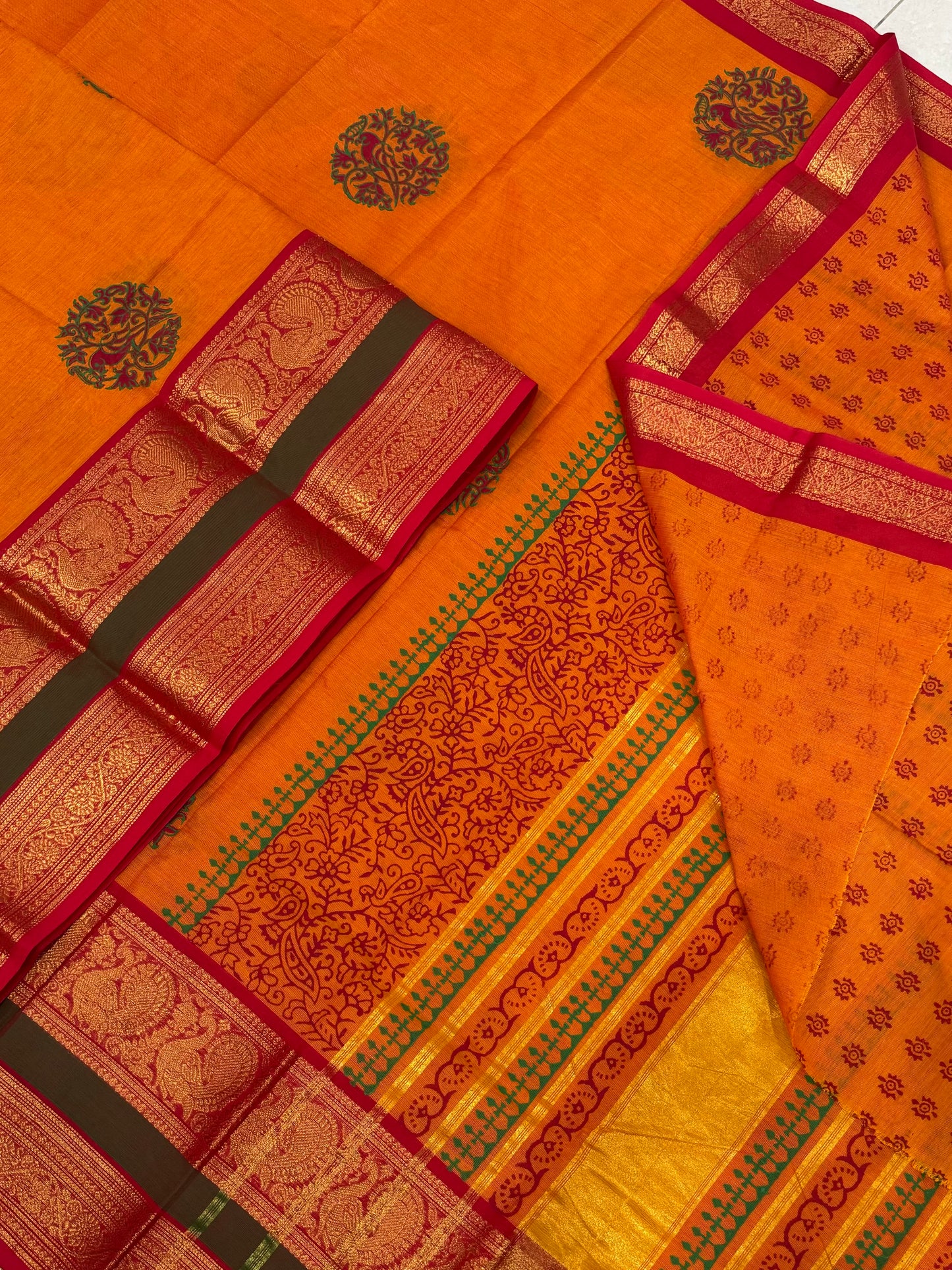 Kanchi soft cotton | block print x Zari woven border | orange X green