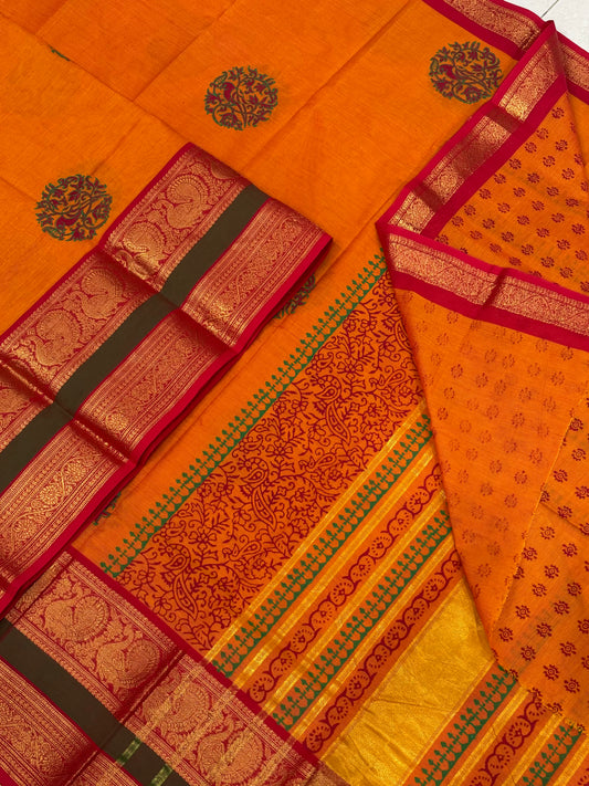 Kanchi soft cotton | block print x Zari woven border | orange X green
