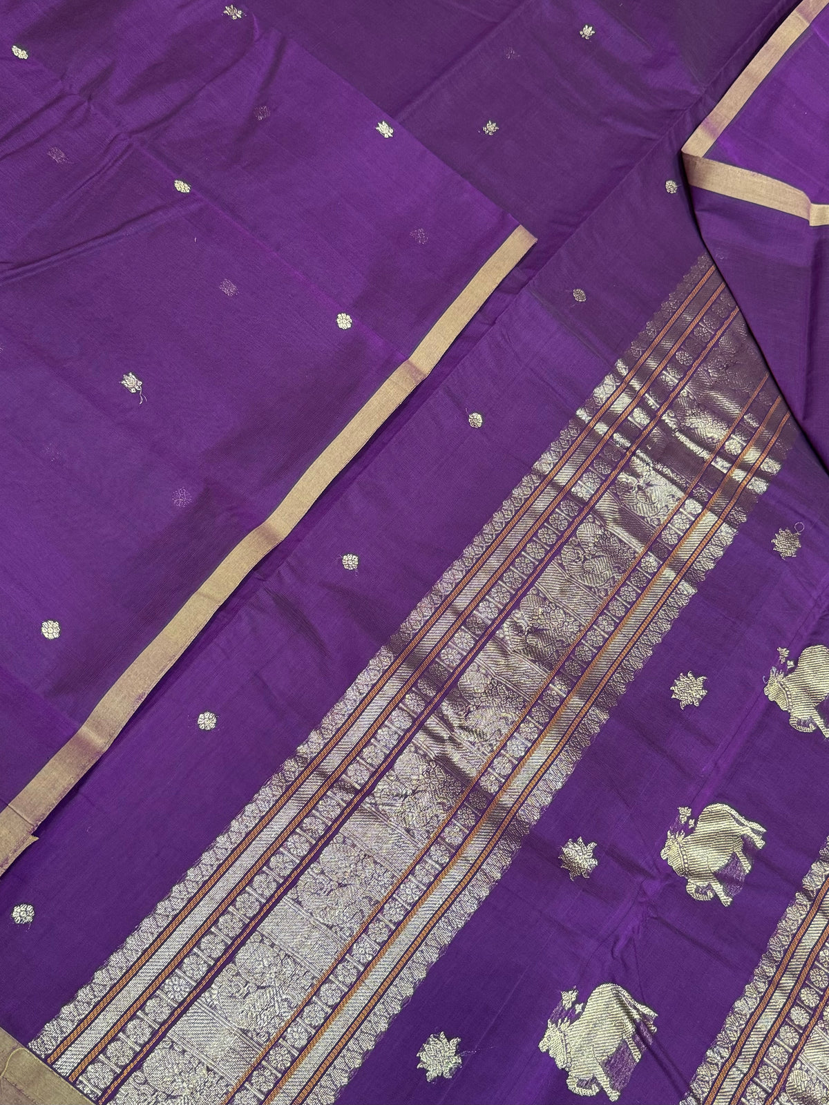Pure Handloom Kanchi rich Cotton Saree | tiny border x pichwai pallu| violet x beige