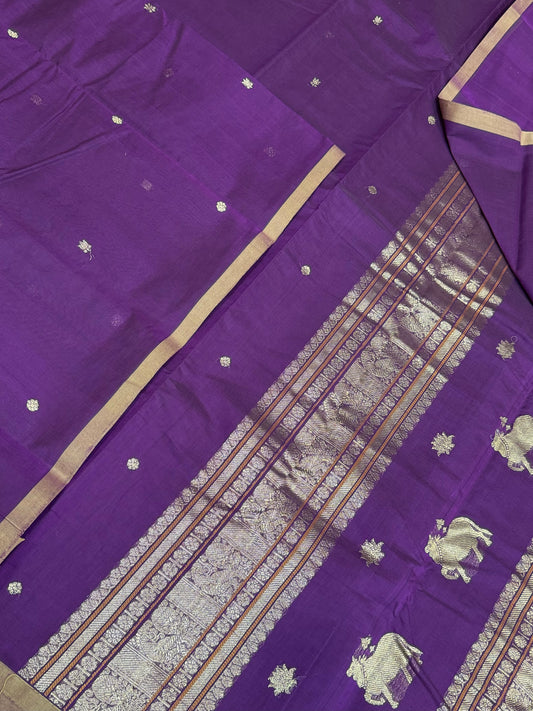 Pure Handloom Kanchi rich Cotton Saree | tiny border x pichwai pallu| violet x beige