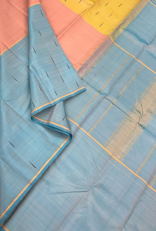 Pure Kanjivarams | pastel muppagam X malli butta | casatta - pastel blue yellow peach |Handwoven luxury x 4 ply master weave | NKV45