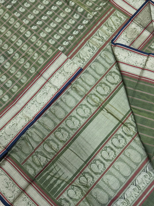 Kanchi handloom rich cotton |1000 mayil BUTTA X thread rettaipet border | green