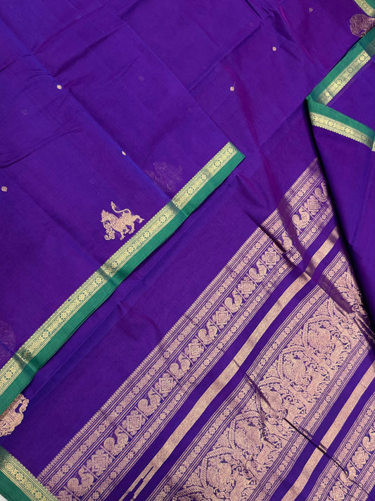 Pure Handloom Kanchi rich Cotton Saree | tiny border X  yhazli | electric violet X green  | intricate rich thread woven Pallu