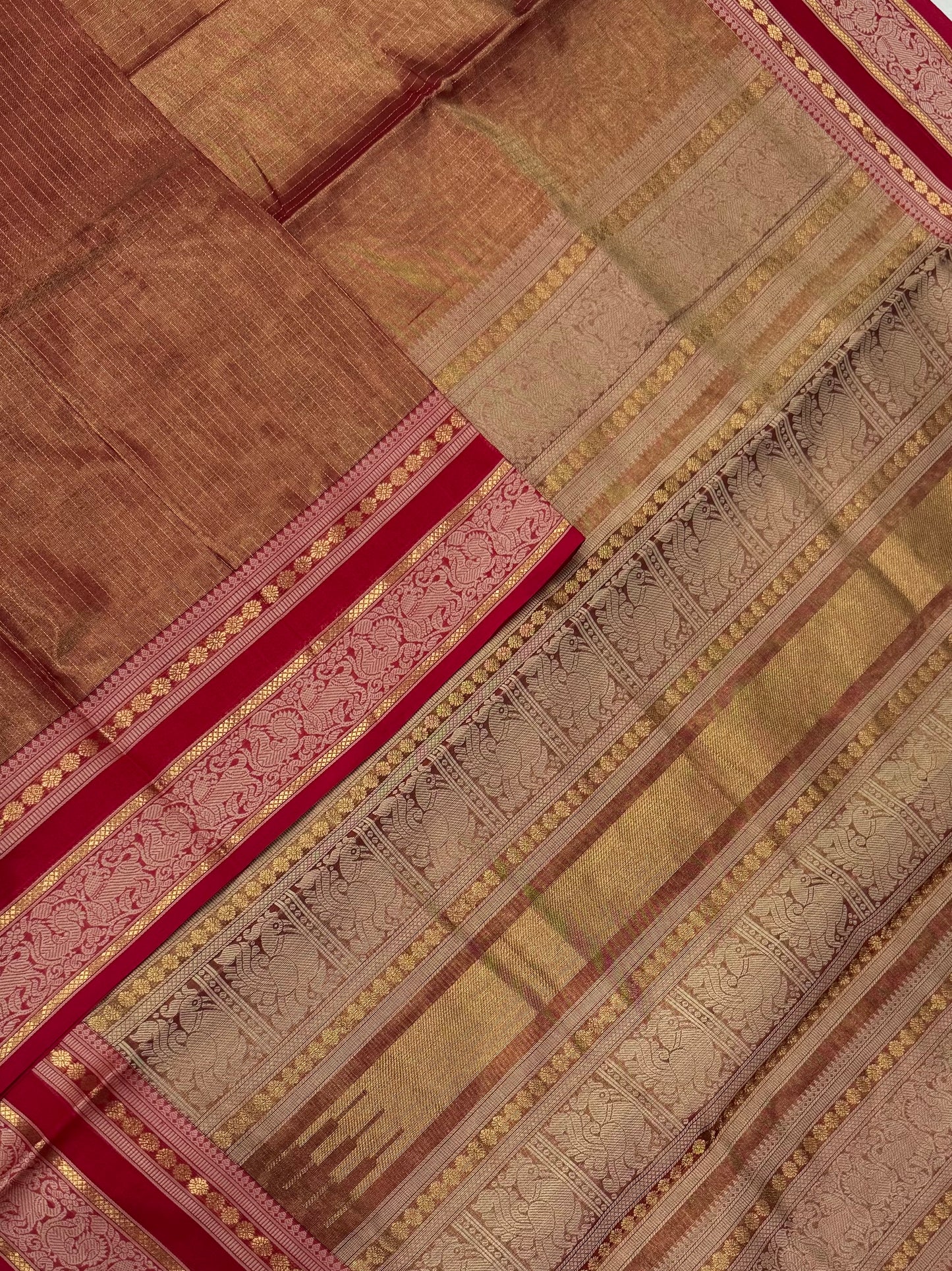 Kanchi Tissue Silk Cotton Sarees | vairaoosi X threads |  orange x cherry red | NKV100