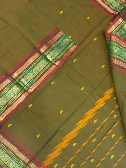 Kanchi soft cotton | earth green X marron X green |  zari border X tiny motif