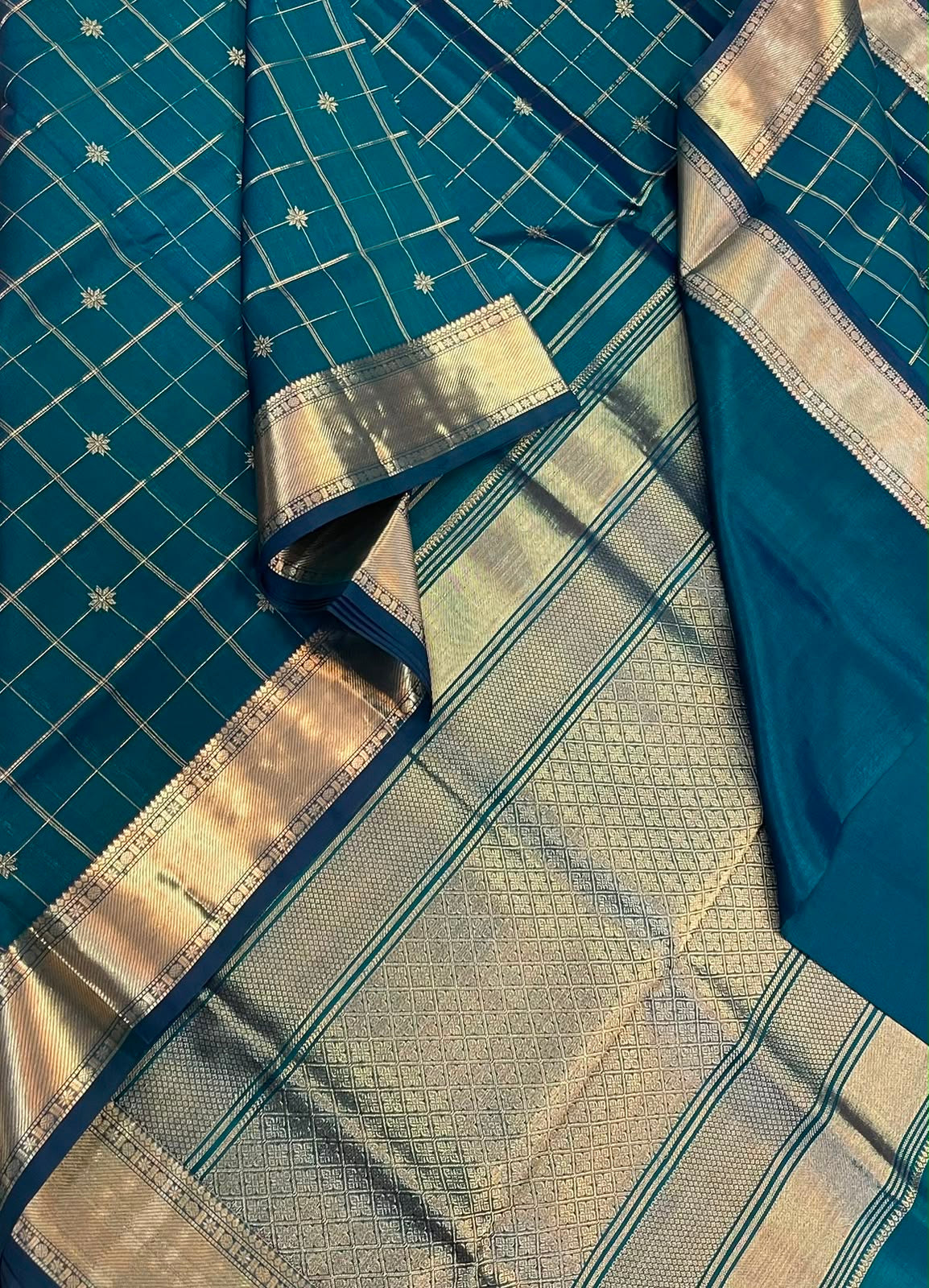 Kanchi Silk Cotton Sarees | zari thick border x Zari plus motif X rich pallu | peacock blue X gold