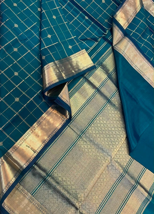Kanchi Silk Cotton Sarees | zari thick border x Zari plus motif X rich pallu | peacock blue X gold