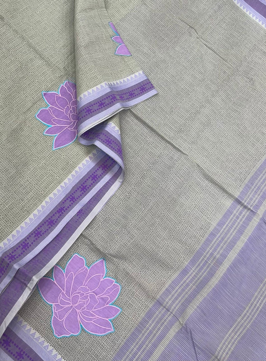 Kadhi soft Cotton | grey x lavender | floral embroidery thread border