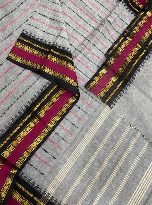 Pastel kanchi soft cotton | grey X pink X black | veldhari X zari border