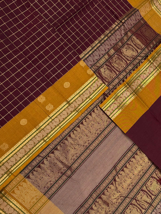 Pure Handloom Kanchi rich Cotton Saree | zari mayil chakram border X  kattam | marron X mustard | intricate rich zari woven Pallu