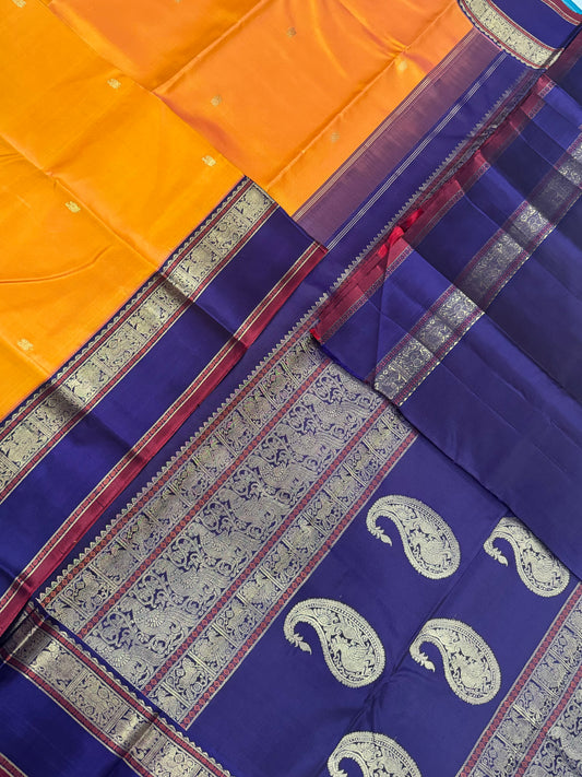 Pure Kanjivarams | manjal X violet | Zari rettaipetborder  X mango pallu | master weave 4ply