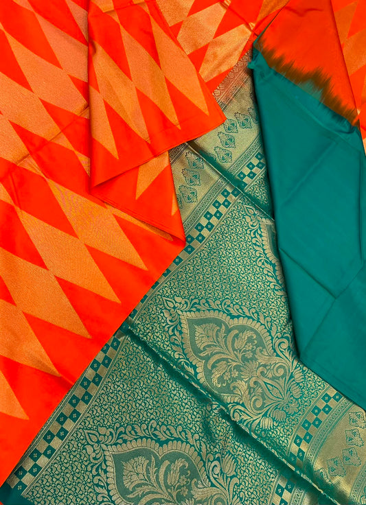 Vegan Silk Sarees Online | geometric pattern | orange X green