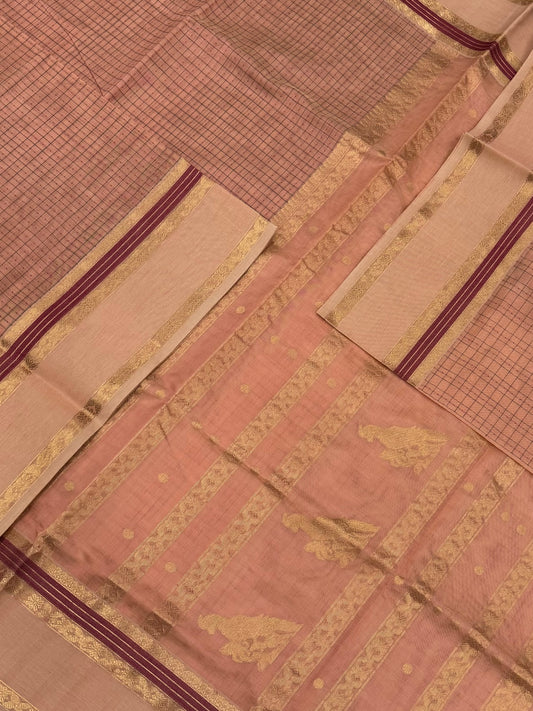 Kanchi Silk Cotton Sarees | 1000 BUTTA x killi pallu |  pastel peach  X marron | NKV31