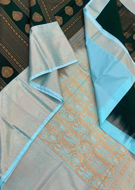 Vegan Silk Sarees Online | bottle green X sky blue | vertical varisaipet X rich border