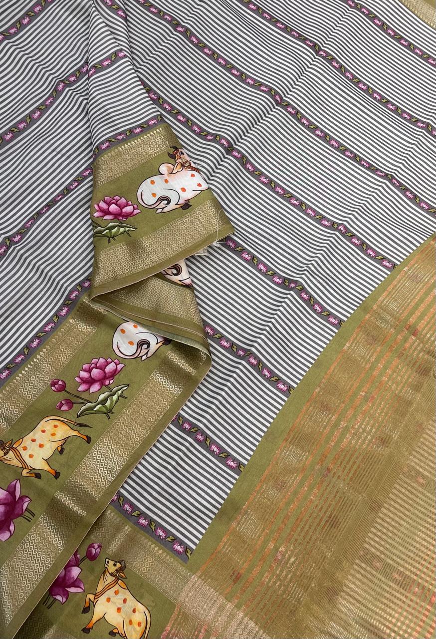 Premium Chanderi silk  | pichwai lotus x zari border | earth green | NKV24