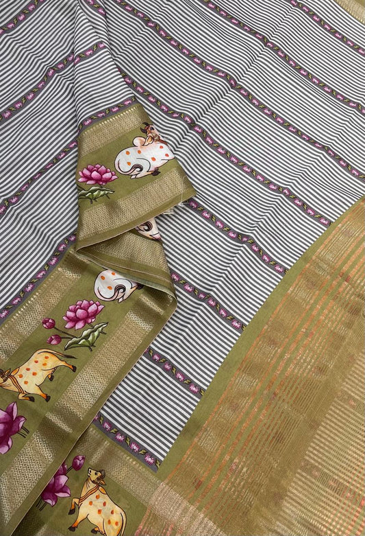 Premium Chanderi silk  | pichwai lotus x zari border | earth green | NKV24