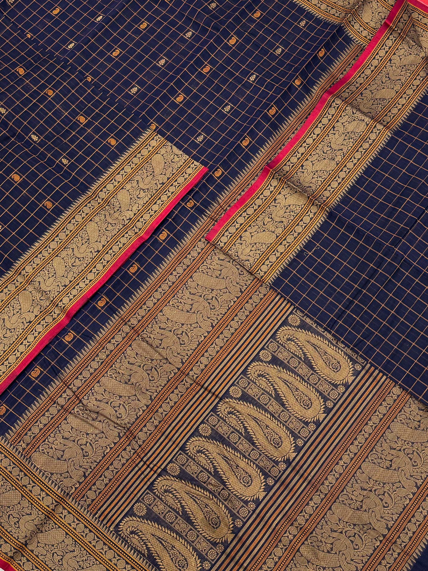 Pure Handloom Kanchi rich Cotton Saree | vintage thread border X kattam BUTTA | navy blue X red | intricate rich thread woven Pallu