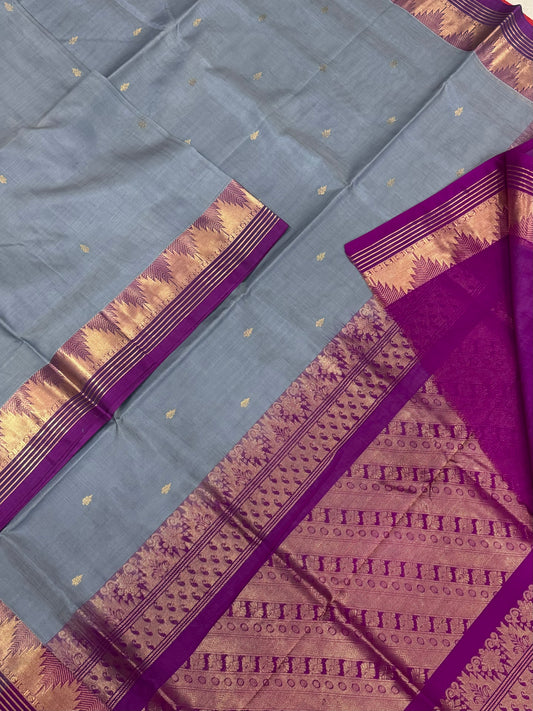 Kanchi Silk Cotton Sarees | rich zari border X tiny motif|grey X pink